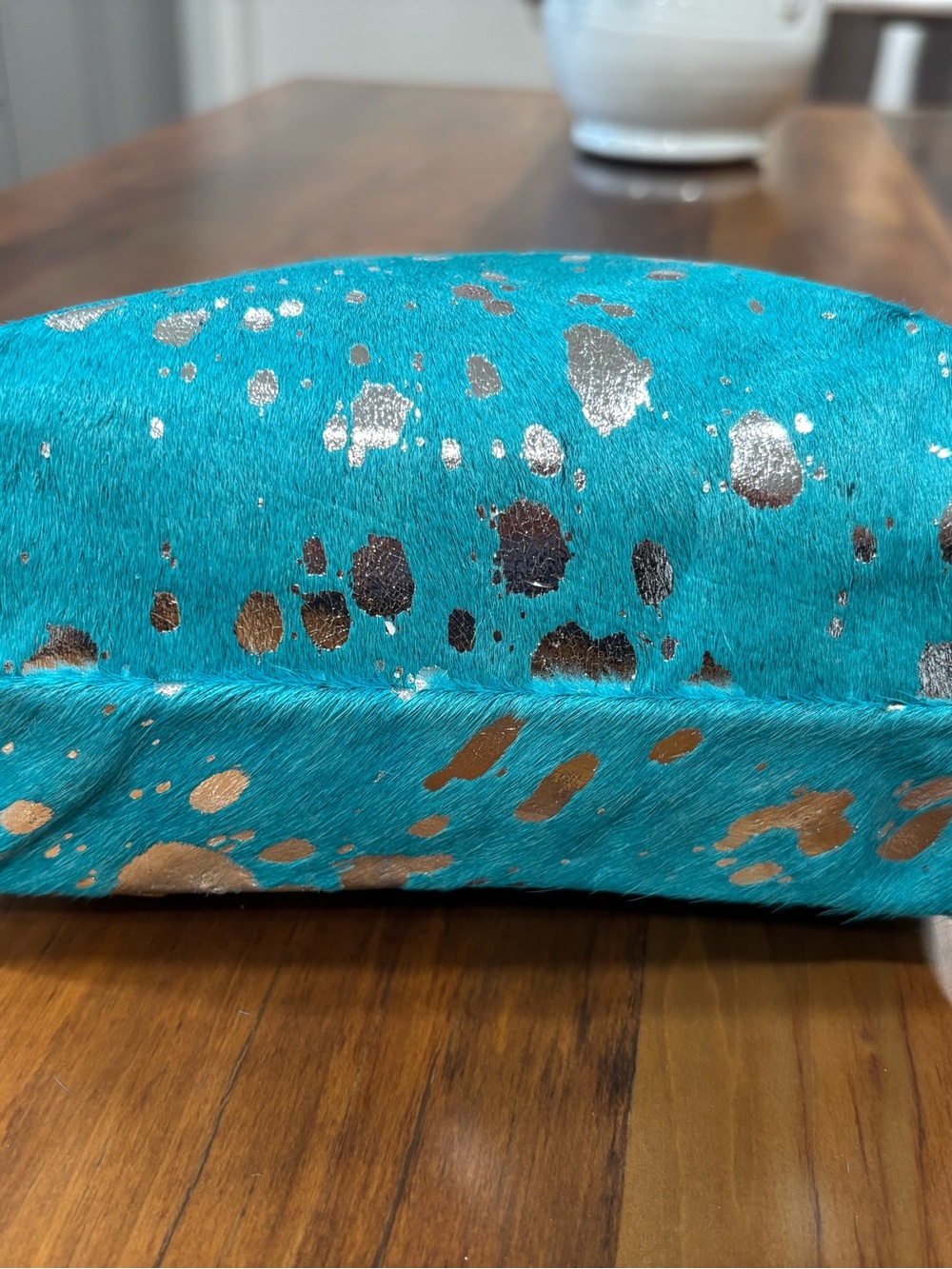 American Darling Turquoise Cowhide Leather Zipper Clutch w brown trim and strap - Picture 8 of 9